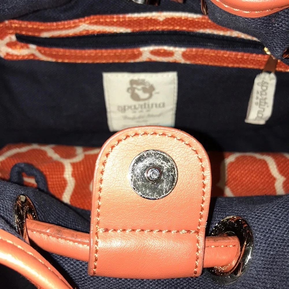 Spartina 449 Sallie Ann Orange Cream Navy leather linen Bucket Bag purse VGUC